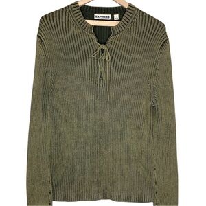 VTG Express Mens Precision Fit Sweater L Olive Green Ribbed Knit Lace Up 90s Y2K